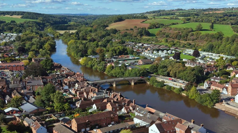 Aerial photo of houses, rooftops, trees, and a river with fields beyond it in Bewdley, Worcestershire, UK