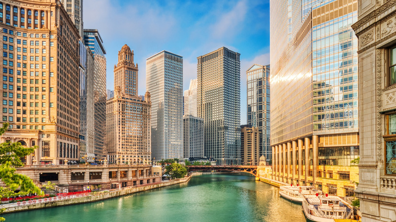 The Chicago downtown cityscape from the Chicago River, Illinois