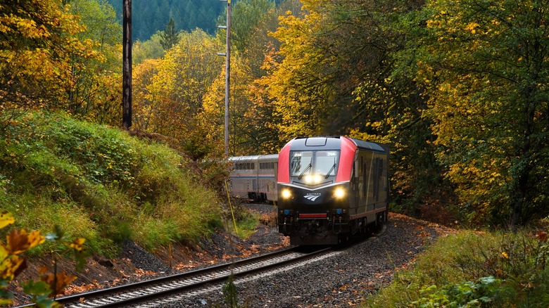 Amtrak Empire Builder passenger train on a damp fall morning near Skykomish