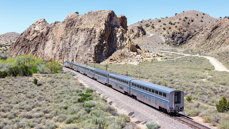 Amtrak Southwest Chief passenger train railway in Los Cerrillos New Mexico, United States.