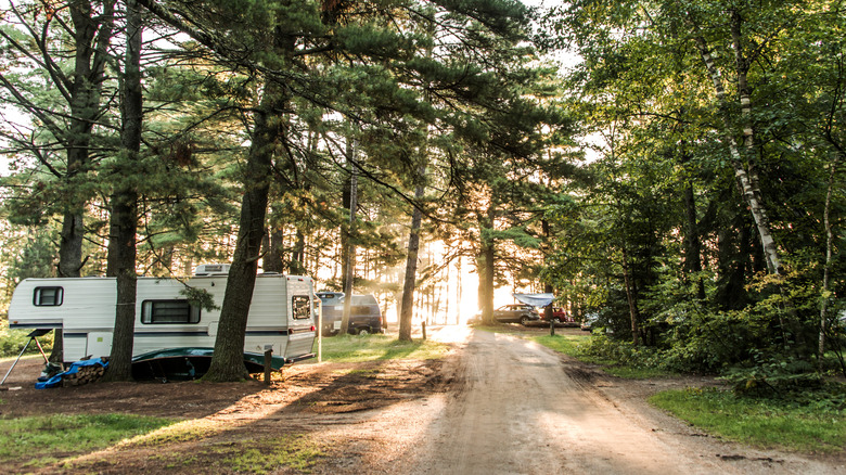 An RV parked at Lake of Two Rivers campground