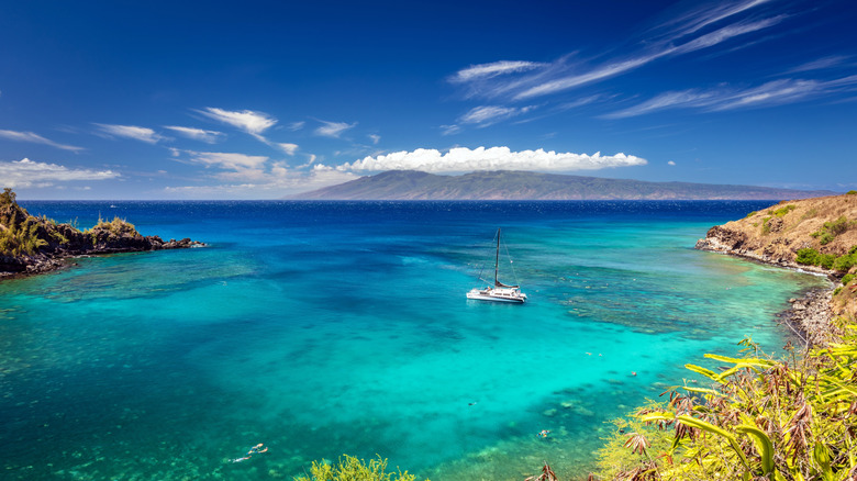 A sailboat in Honolua Bay's crystal-clear waters