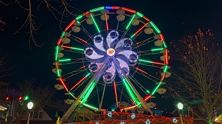 A Lit-up Ferris wheel at Christmas Candylane, Hersheypark.