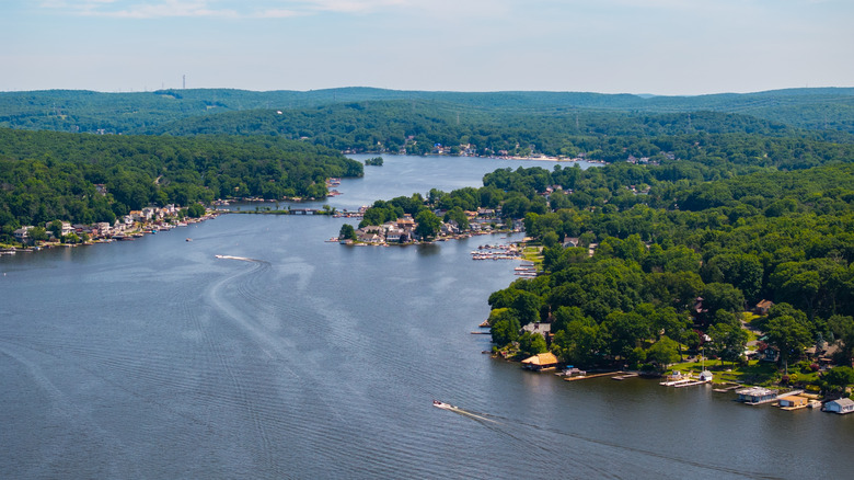 A lake surrounded by tree-filled shores and hills