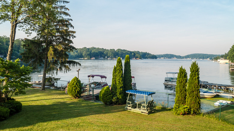 A grassy lakeshore with trees at Lake Hopatcong