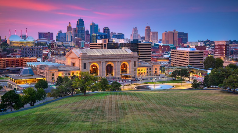 Downtown Kansas City under a colorful sky