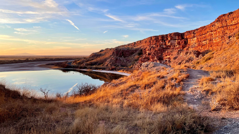 One of the sinkhole lakes at Bottomless Lakes State Park in New Mexico at sunset