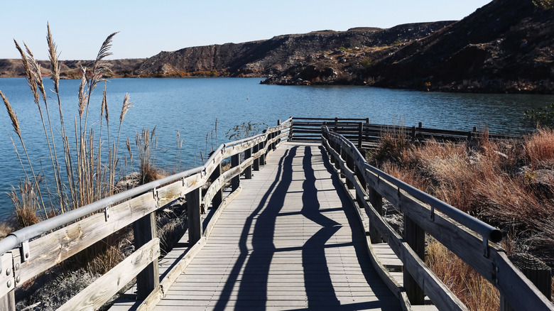 A wooden boardwalk along the shore of Lake Meredith in the Texas Panhandle