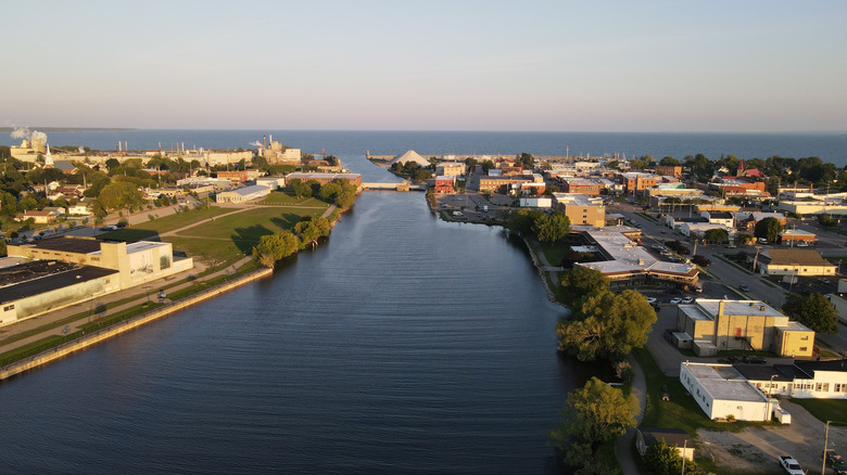 An aerial view of Alpena, Michigan, and Lake Huron in the distance