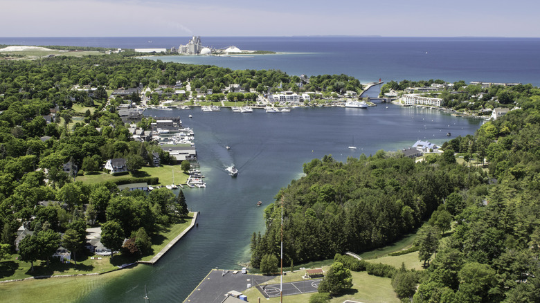 Aerial view of Round Lake in Charlevoix, Michigan