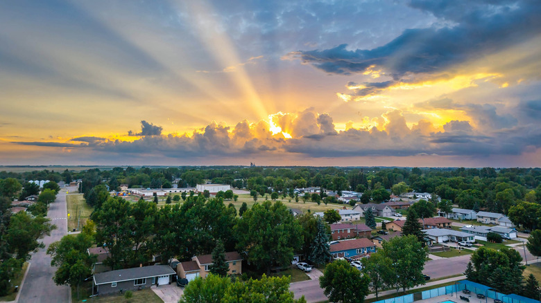 An expansive aerial perspective captures the charming town of Devils Lake, North Dakota