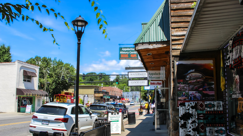 Shops line Main Street in Bryson City, selling Appalachian goods
