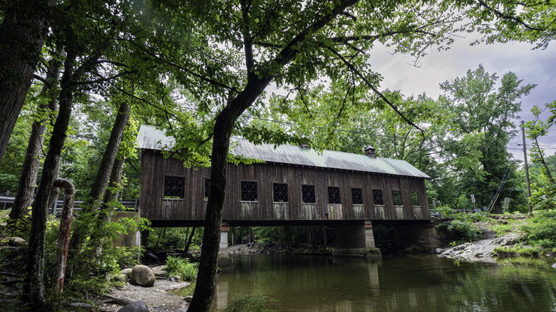A historic covered bridge over Little Pigeon River in Pittman Center