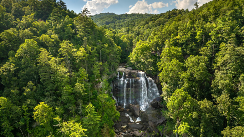 Aerial of a waterfall tucked away in the Nantahala National Forest