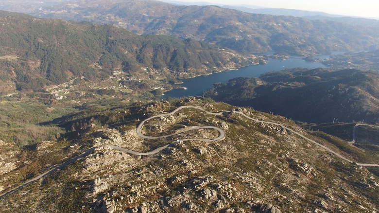 Aerial view of historic villages and hills in Peneda-Gerês National Park in Portugal