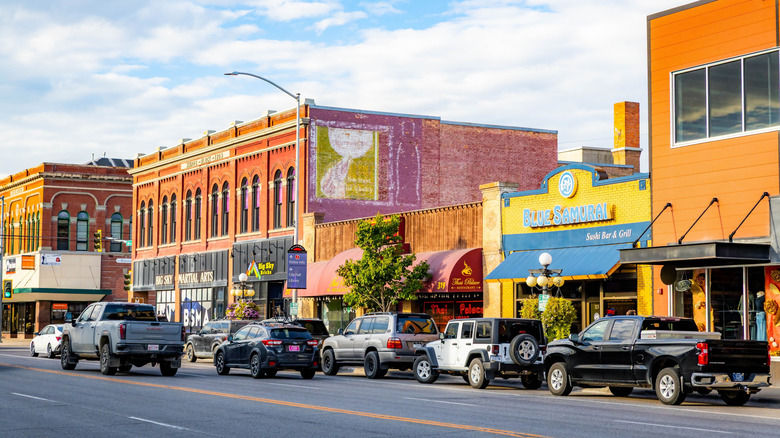 A vibrant view of the shops and stores in downtown Kalispell, Montana