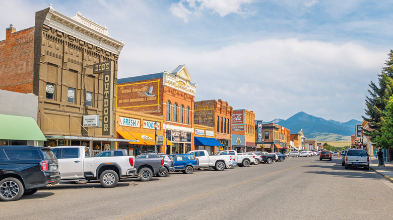 The historic Main Street through the small town of Livingston, Montana