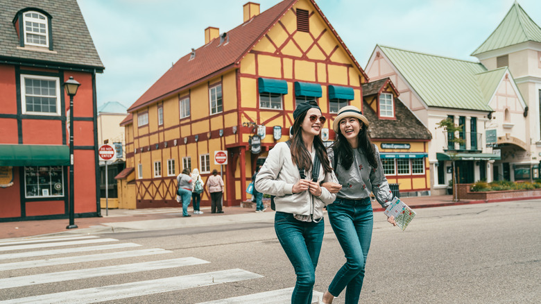 happy people walking in Solvang, California 