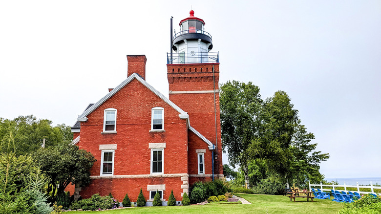 A front view of Big Bay Point Lighthouse in Michigan.