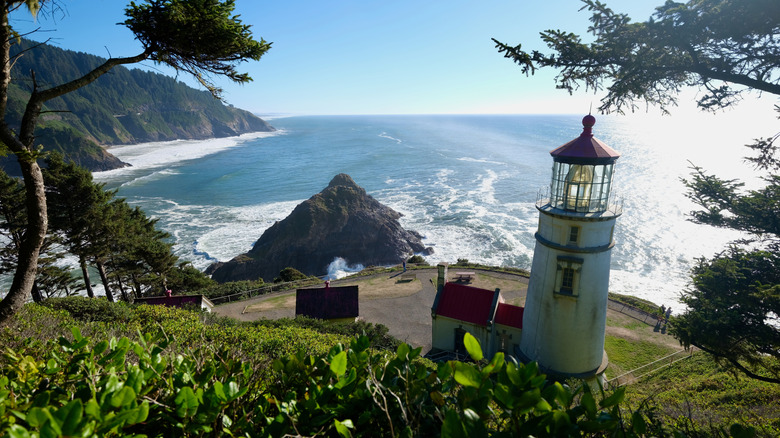 A view of Heceta Head Lighthouse in Oregon from above.