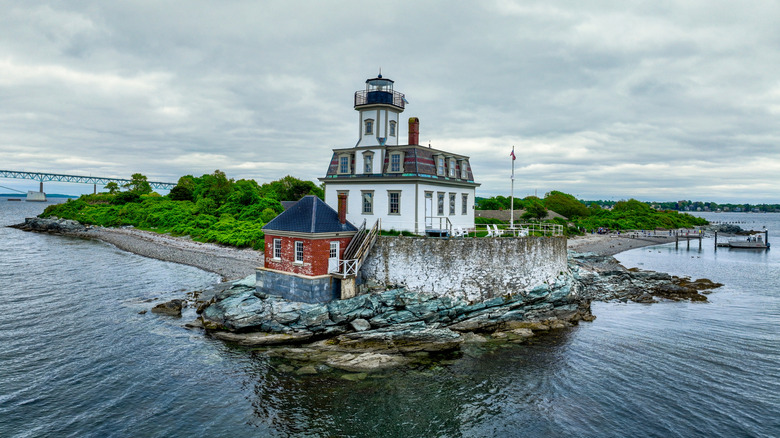 View from land of Rose Island Lighthouse, Rhode Island, USA