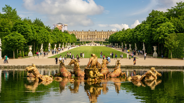 The Palace of Versaille gardens looking to the main building, located just outside Paris, France