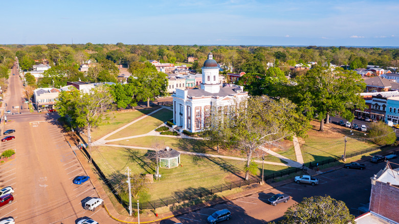 An aerial view of Canton, Mississippi, featuring the city's landmark Greek Revival-style courthouse