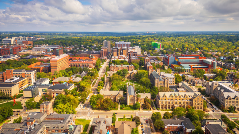 An aerial view of Ann Arbor, Michigan, in the late afternoon