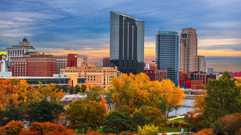 The skyline of downtown Grand Rapids, Michigan, in the fall