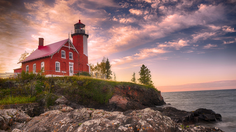 Sunset and clouds at the Eagle Harbor Lighthouse on the Keewenaw Peninsula