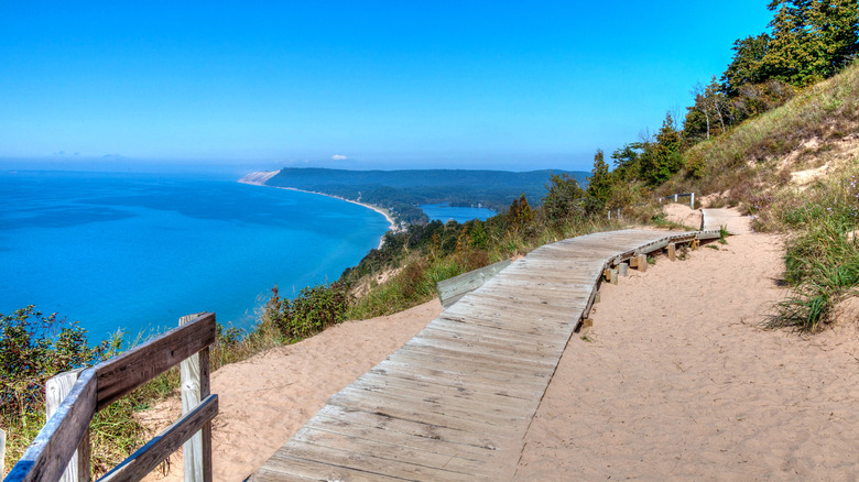A boardwalk overlooking Lake Michigan at Sleeping Bear Dunes National Lakeshore, Michigan