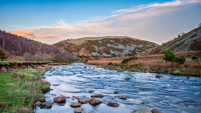 River Breamish flowing towards Ewe Hill, in a scenic river valley in Northumberland National Park