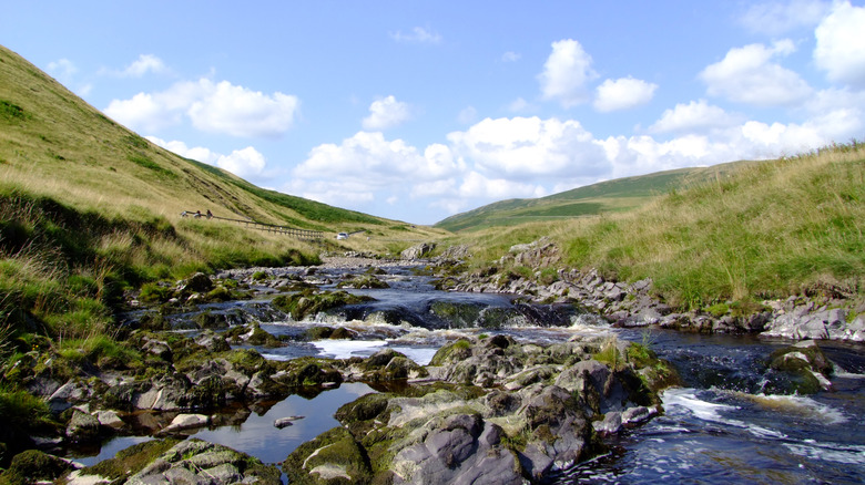 The Coquet River in Coquetdale Valley in Northumberland National Park, England, on a sunny day