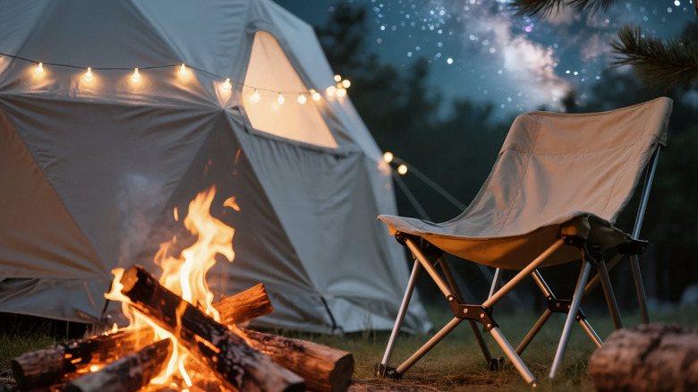 Empty seat with fire next to yurt night sky