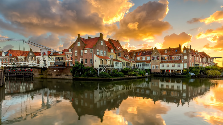 the historic buildings of Enkhuizen, a town on the IJsselmeer and Markermeer, as seen during sunset