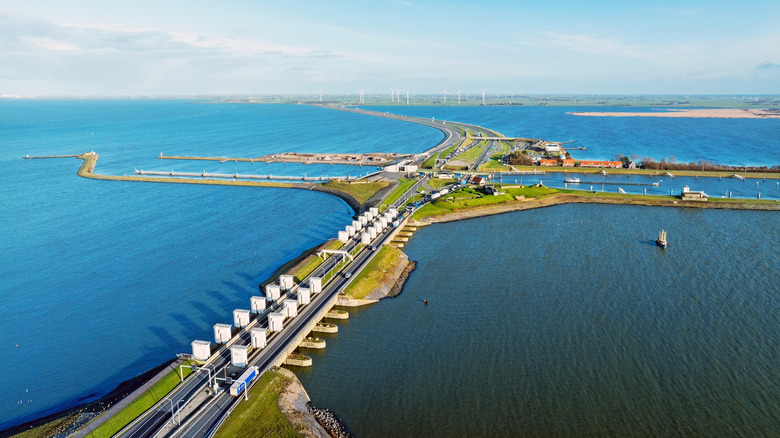 The Afsluitdijk dike pictured from above, separating the Wadden Sea from the IJsselmeer