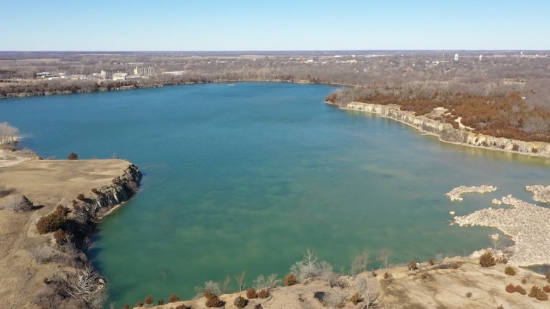 Aerial view of the lake at Lehigh Portland State Park in Iola, Kansas