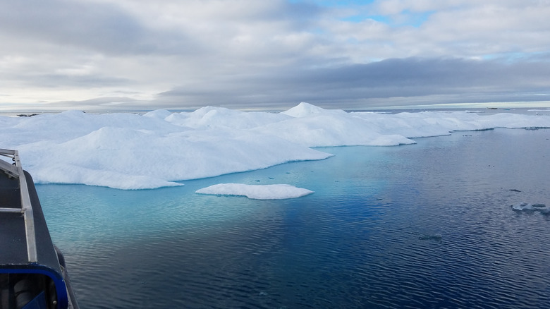 View of sea and icebergs from a boat near Point Barrow, Alaska.