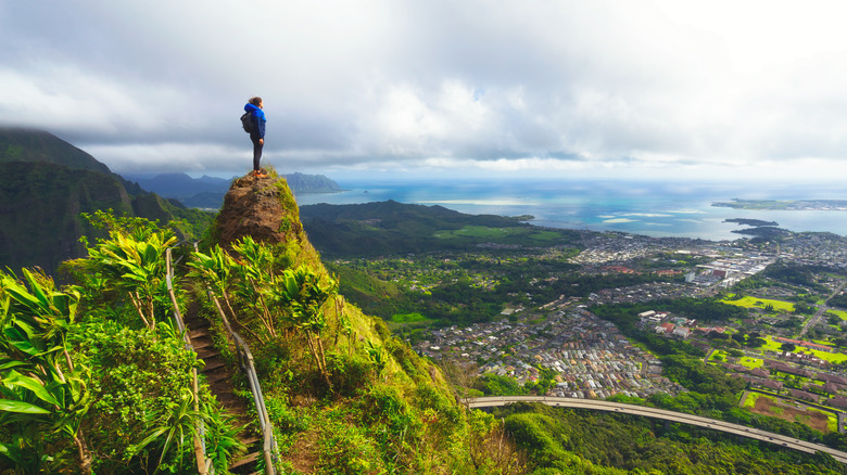 Standing on tropical peak in Hawaii