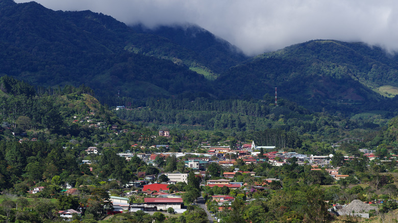The mountain-framed town center of Boquete, Panama, seen from above