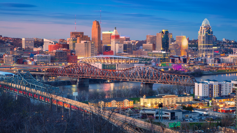 An aerial view of Cincinnati's buildings and bridges