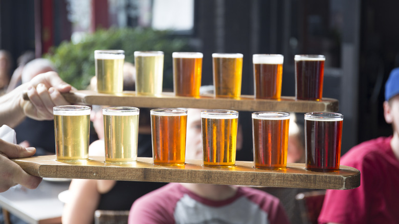 A pair of hands carrying two beer flights