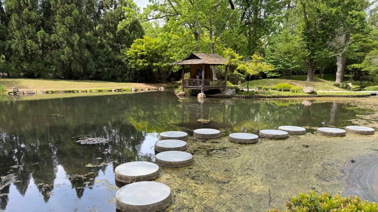 Pond with stone path and wooden building against green trees Maymont Japanese Garden