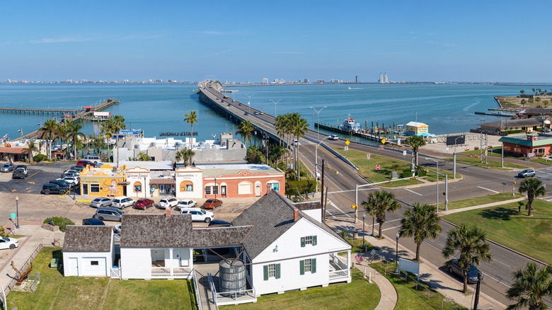 An aerial view of Port Isabel and South Padre Island in the distance