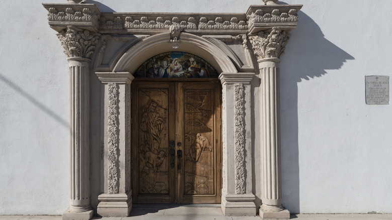 The doorway of Santa Teresa de Jesus Catholic Church in Presidio, Texas