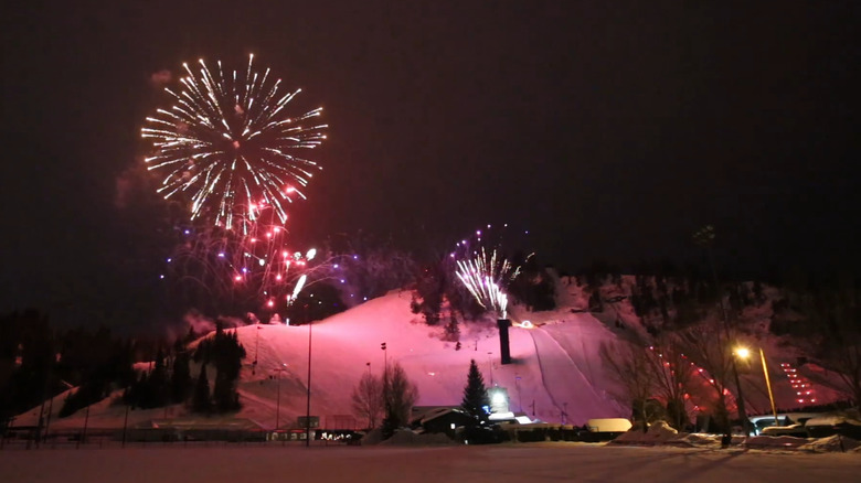 Fireworks over a snowy hill in Steamboat Springs, Colorado