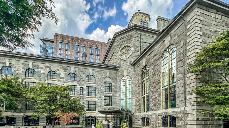 The stone facade of Boston's old Charles Street Jail, now the luxury Liberty Hotel