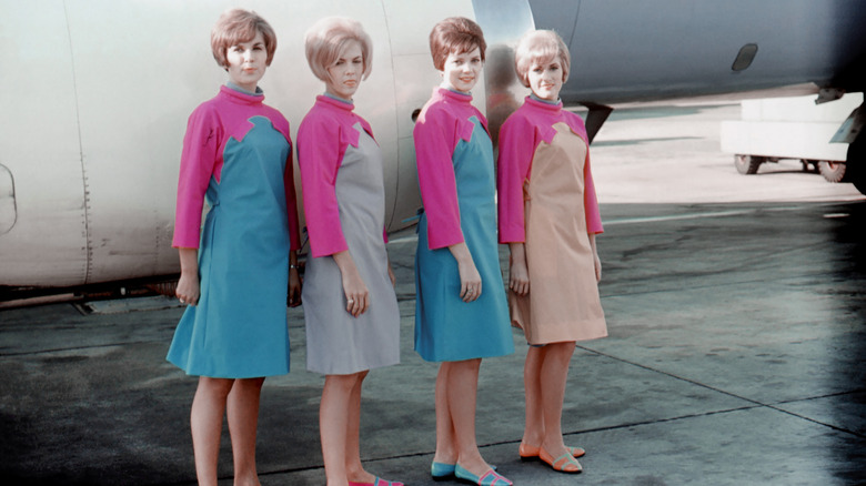 Flight attendants on Braniff Airways in Emilio Pucci-designed uniforms in 1968