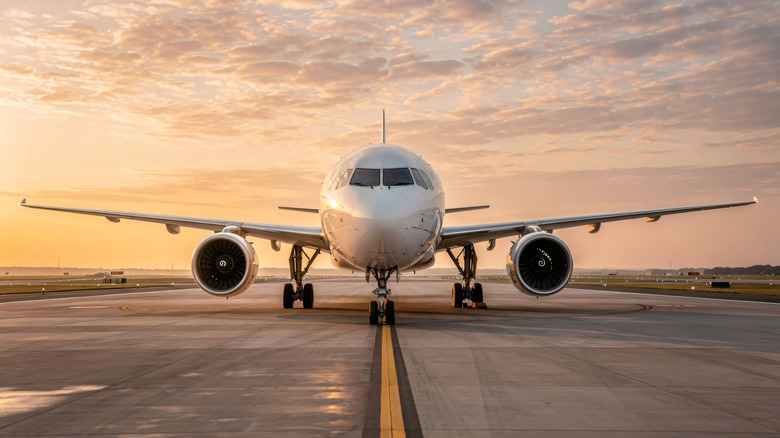 Commercial jet aircraft taxiing on runway during sunrise