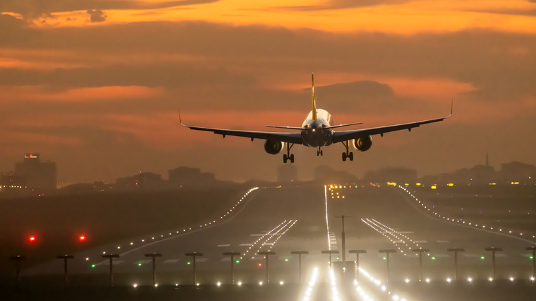 Passenger airplane landing at dusk